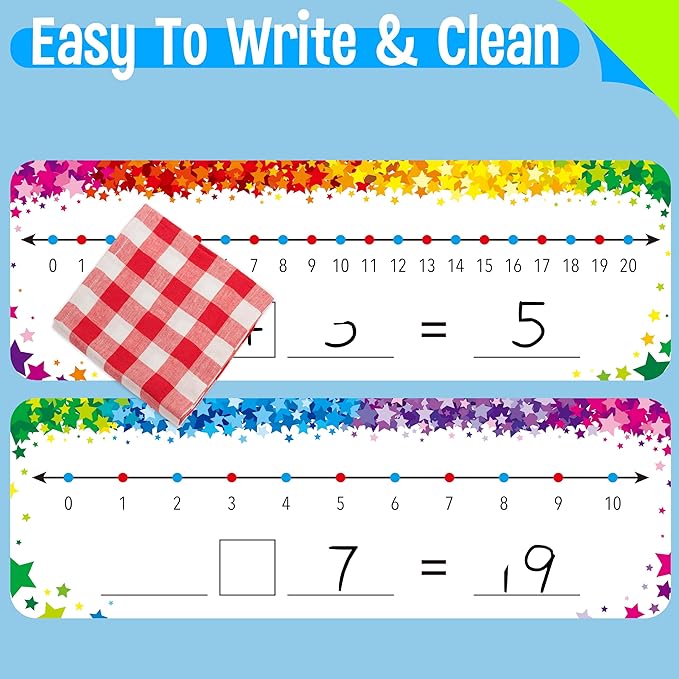 15 PCS Number Line Dry Erase Boards, Writable and Erasable Double Sided Board-0-10 on One Side & 0-20 on Other Side Math White Board for Kids, Students, Classroom and Home (12” x 4”, Colorful Stars)
