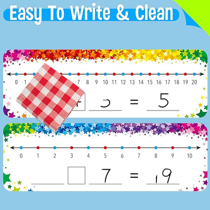 26 PCS Number Line Dry Erase Boards, Writable and Erasable Double Sided Board-0-10 on One Side & 0-20 on Other Side Math White Board for Kids, Students, Classroom and Home (12” x 4”, Colorful Stars)