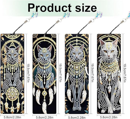 4-Piece Animal Diamond Painting Bookmarks Set for Adults – DIY 5D Rhinestone Art Bookmark Kits with Tassels, Beautiful Diamond Art Bookmarks for Crafts and Gifts, Dreamcatcher Cat