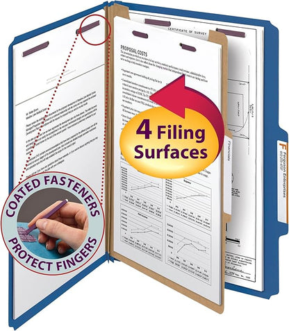 Smead Pressboard Classification File Folder with SafeSHIELD Fasteners, 1 Divider, 2" Expansion, Legal Size, Dark Blue, 10 per Box (18732)