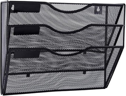 EASEPRES 3 Pocket Mesh Hanging Wall File Organizer, Wall Mounted Mail Paper Document Folder Holder, Clipboard Storage Organization Magazine Rack with Nametag Label for Office Home School, Black