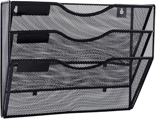 EASEPRES 3 Pocket Mesh Hanging Wall File Organizer, Wall Mounted Mail Paper Document Folder Holder, Clipboard Storage Organization Magazine Rack with Nametag Label for Office Home School, Black