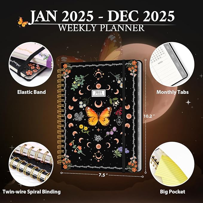 2025 Planner Weekly & Monthly Agenda Book, Daily Planner Hardcover, 2025 To Do List Notebook with Monthly Tabs, Pocket, Spiral Bound, Elastic Closure, Thick Paper(7.5 * 10.2) Butterfly