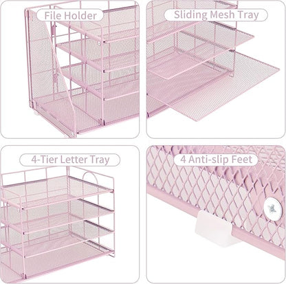 OPNCIE Desk Organizers and Accessories, 4 Tier Paper Letter Tray File Organizer, Office Organization Storage Desk Accessories Workspace Desktop Organizer for Classroom Office Supplies Decor, Pink