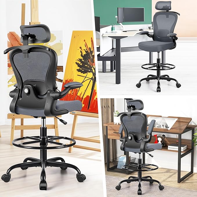 Drafting Chair, Tall Office Chair with 3D Lumbar & Head Support, Ergonomic Mesh Standing Desk Chair with Footring, Comfy Extended High Desk Chair with Flip-Up Arms & Hanger (Dark Gray)