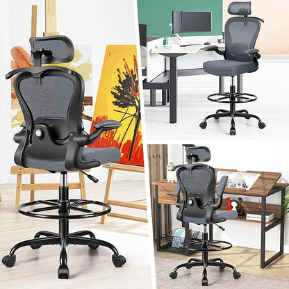 Drafting Chair, Tall Office Chair with 3D Lumbar & Head Support, Ergonomic Mesh Standing Desk Chair with Footring, Comfy Extended High Desk Chair with Flip-Up Arms & Hanger (Dark Gray)