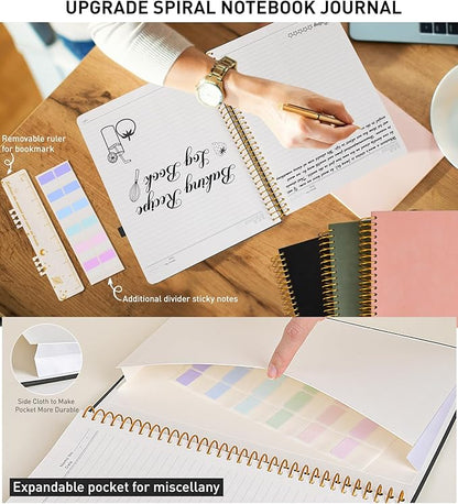 B5 Spiral Notebook Journal 7.6” x 10”, 300 Numbered Pages Hardcover Leather Journals for Women Men, Large Lined College Ruled Notebooks, 100GSM Thick Paper, Spiral Bound Journal for Work School, Black