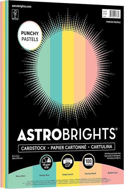 Astrobrights Punchy Pastel Assortment Cardstock, 8.5" x 11", 65 lb. 5-Color Assortment, 100 Sheets (91786)