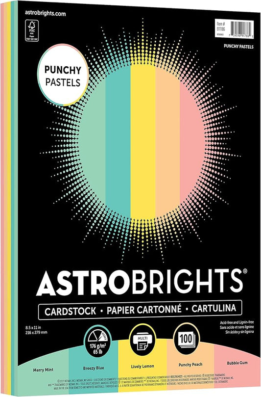 Astrobrights Punchy Pastel Assortment Cardstock, 8.5" x 11", 65 lb. 5-Color Assortment, 100 Sheets (91786)