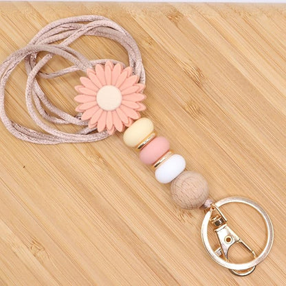 Flower Teacher Lanyards ID Badge and Key Chain, Cute Silicone Beads Lanyard for Women Nurse Work Student (Rose)