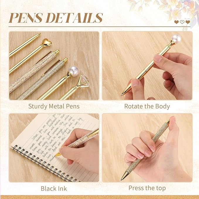 6 Pcs Ballpoint Pens Set Metal Crystal Diamond Pen for Journaling Glitter Pretty Cute Stationery Black Ink Fancy Gifts for Women Girls Teacher Office Wedding School Supplies(Gold)
