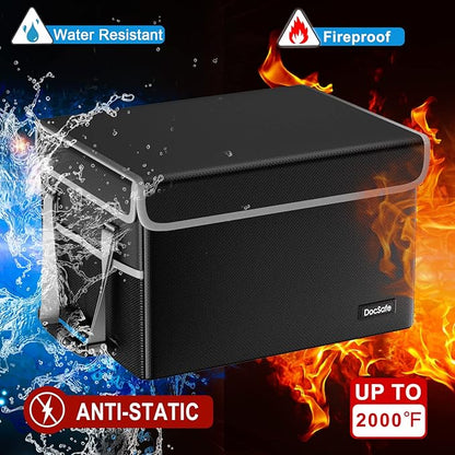 DocSafe File Box Fireproof File Storage Organizer Box with Lid,Collapsible Document Storage Filing Box for Hanging Letter/Legal Folder,Portable Home Office Safe Box Bin Cabinet with Handle,Black