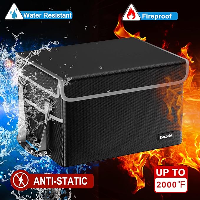 DocSafe File Box Fireproof File Storage Organizer Box with Lid,Collapsible Document Storage Filing Box for Hanging Letter/Legal Folder,Portable Home Office Safe Box Cabinet with Handle,Black,2 Pack