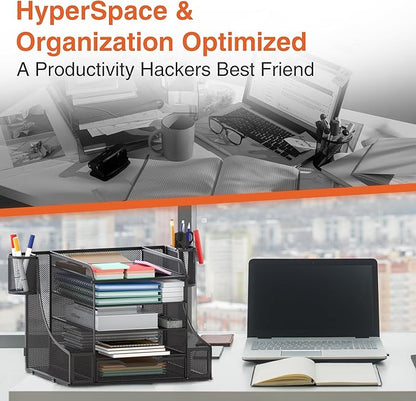 EVOOMI 5 Tier Mesh Desk Organizer PLUS - The Upgraded Time, Space & Sanity Saving Desktop Organizer System for Productivity Success - Ideal Pencil File Paperclip Post It Holder Mail Folder Organizer