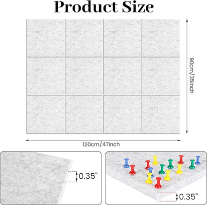 Large Cork Board for Office White Grey Felt Board Alternative-12 Pack Felt Wall Tiles for Office Wall Decor,Felt Bulletin Board Tiles,Push pin Board Wall Organizer for Office