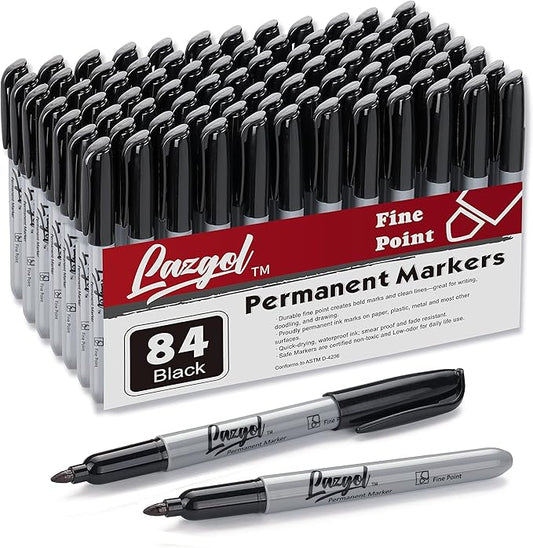 Permanent Markers Bulk, 84 Pack Black Permanent Marker Set, Fine Tip, Waterproof Markers, Premium Smear Proof Pens, Waterproof, Quick Drying, Office Supplies for School, Office, Home