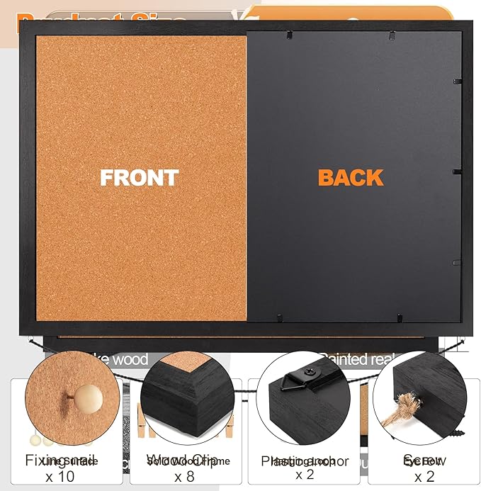 Miratino Cork Board Bulletin Board, 23x18 Inches Wooden Frame Pin Board, Cute Cork Boards for Walls Hanging for Office, Home Decor, School (Pins, Clips, Strings) Black