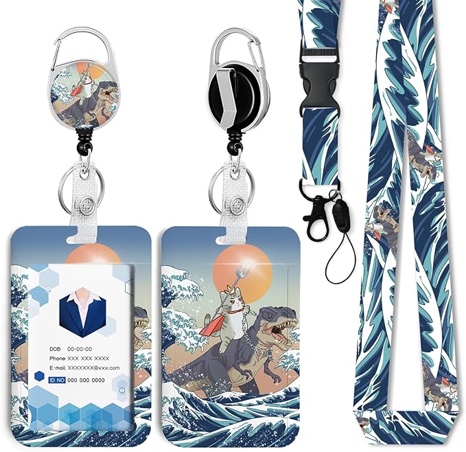 Funny Surfing Cat Badge Holder with Retractable Reel and Breakaway Lanyard，Badge Clips Retractable Heavy Duty Badge Reel，ID Holder with Breakaway Lanyard for School Nurse Office Teen