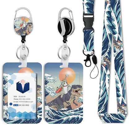 Funny Surfing Cat Badge Holder with Retractable Reel and Breakaway Lanyard，Badge Clips Retractable Heavy Duty Badge Reel，ID Holder with Breakaway Lanyard for School Nurse Office Teen