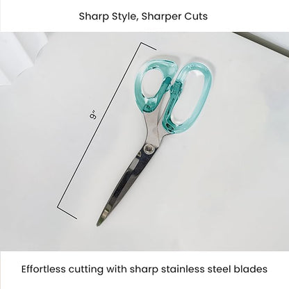OfficeGoods 9” Stainless Steel Acrylic Scissors for Office and Home - Aesthetic and Sharp All Purpose Scissors, Perfect for Sewing, Arts and Crafts - Green Silver Metal