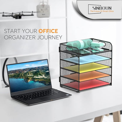 2 Pack Letter Tray Paper Organizer 5-Tier Desk Organizer File Organizer Paper Holder with Handle, Metal Desktop Document Shelf Tray Office Classroom Organization - Black