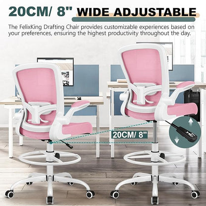 FelixKing Drafting Chair Ergonomic Tall Office Chair, Breathable Mesh Chair with Adjustable Footrest Ring Lumbar Support Flip-up Armrests, High Back Executive Comfy Task Computer Chair for Home Office