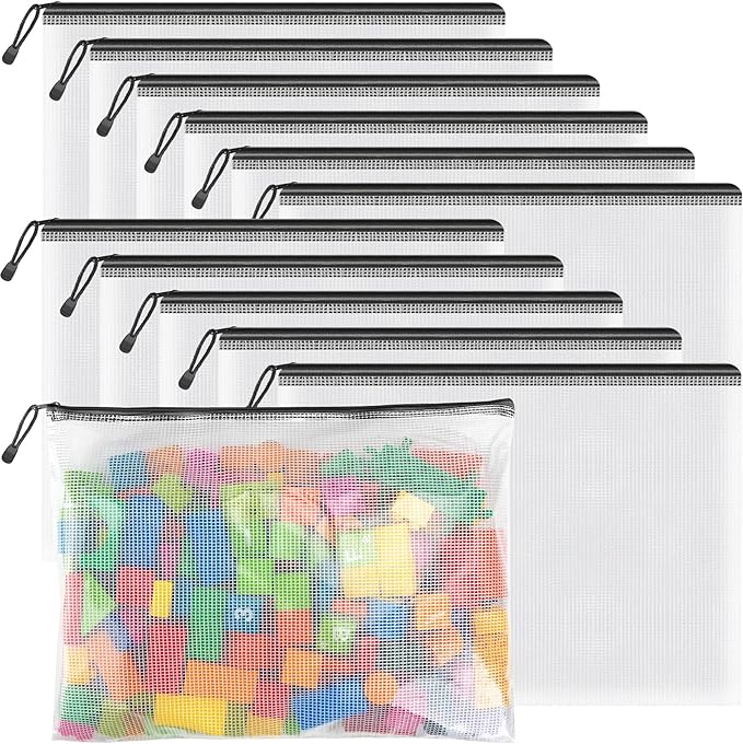 Umriox Mesh Zipper Pouch, 14.9x11.0 in (Black, 12 Packs), Extra Large Zipper Bags, Waterproof Zipper Pouches for Office Supplies, Puzzles, Board Game Storage & Cross Stitch Projects