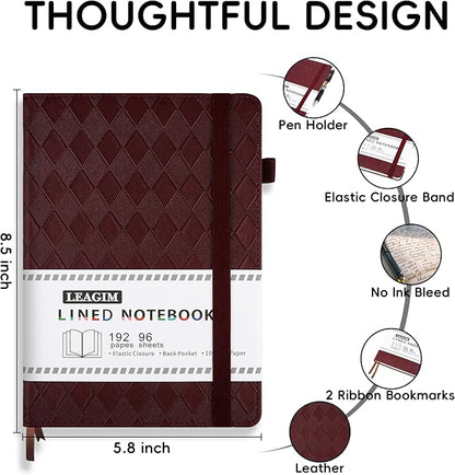 Lined Journal Notebook for Women Men, 192 Pages 100 GSM Thick Paper, Hardcover | Embossed Leather Journals for Writing, A5 College Ruled | Business, Work & School, 5.8"×8.5"(Burgundy)