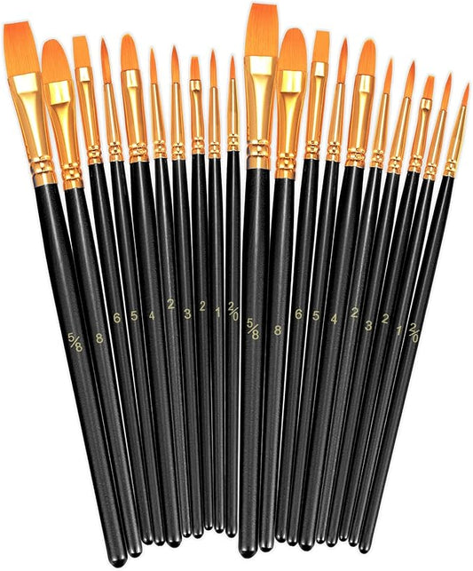 BOSOBO Paint Brushes Set, 2 Pack 20 Pcs Round Pointed Tip Nylon Hair Artist Acrylic Paint Brushes for Acrylic Oil Watercolor, Face Nail Art, Miniature Detailing & Rock Painting, Black