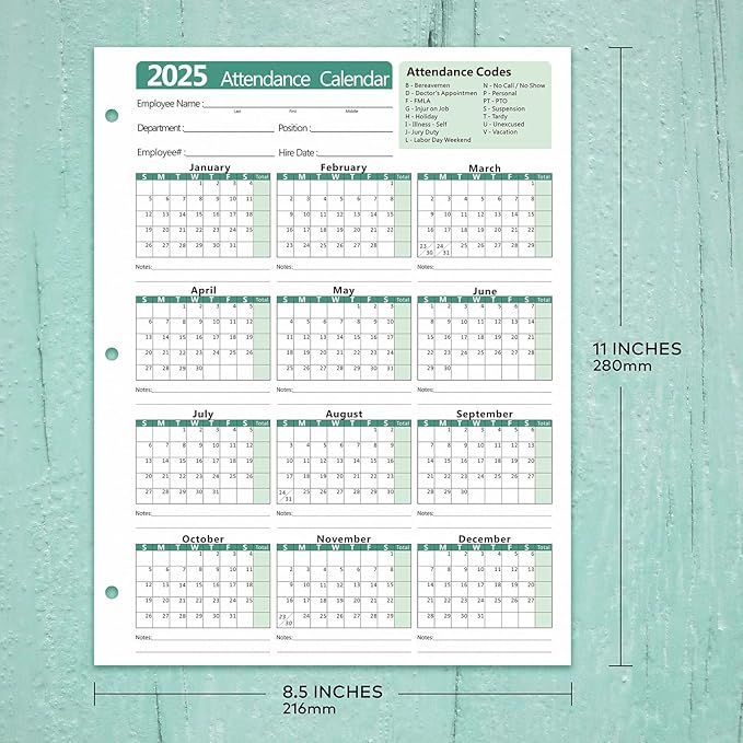2025 Attendance Calendar (Pack of 25 Sheets) Employee Work Tracker Attendance Calendar Cards - Each sheet 8.5 X 11 100lb CardStock paper Material Make (25 sheets -Green)