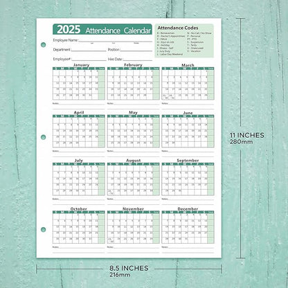 2025 Attendance Calendar (Pack of 25 Sheets) Employee Work Tracker Attendance Calendar Cards - Each sheet 8.5 X 11 100lb CardStock paper Material Make (25 sheets -Green)