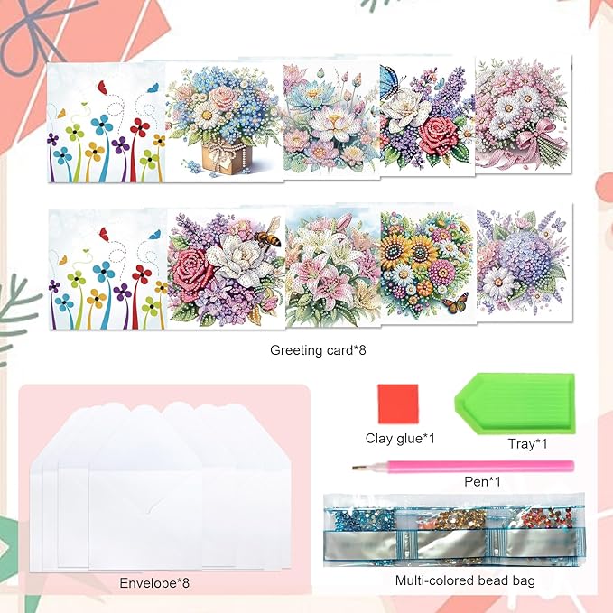 8 Packs Diamond Art Painting Greeting Card Kit Diamond Art Greeting Cards Special Shaped Diamond Painting Greeting Card Arts Crafts for Christmas Birthday Thanksgiving Day Holiday (Flowers 30x15cm)