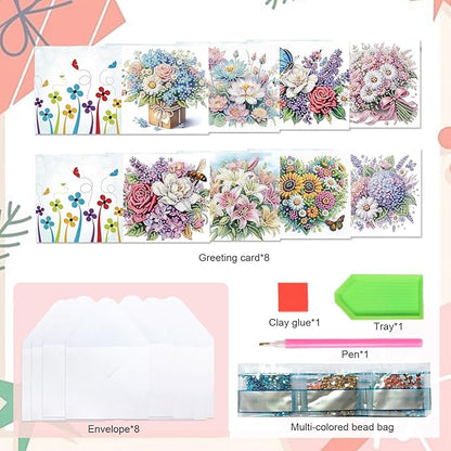 8 Packs Diamond Art Painting Greeting Card Kit Diamond Art Greeting Cards Special Shaped Diamond Painting Greeting Card Arts Crafts for Christmas Birthday Thanksgiving Day Holiday (Flowers 30x15cm)