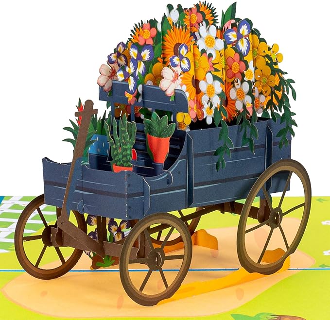 Paper Love 3D Flower Wagon Pop Up Card, Gift for Birthday, Wedding, Anniversary, Mothers Day, Thank You, Get Well, All Occasion or Just Because - 5" x 7" Cover - Includes Envelope and Note Tag