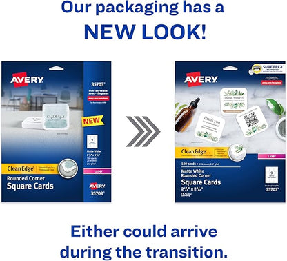 Avery Clean Edge Printable Square Cards with Sure Feed Technology, Rounded Corners, 2.5" x 2.5", White, 180 Blank Cards for Laser Printers (35703)