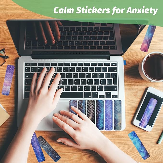 72 Pieces Anxiety Sensory Stickers with Storage Box - Calming Stickers 2 Textured Surface - Fidget Strips for Office & Classroom Desk Adult & Teen Stress (Galaxy)