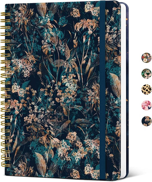 Pretty Cute Lined Spiral Journal Notebook for Women, Aesthetic College Ruled Notebook for Work & Note Taking, A5 Hardcover Journal for Writing, 140 Pages, Royal Flowers