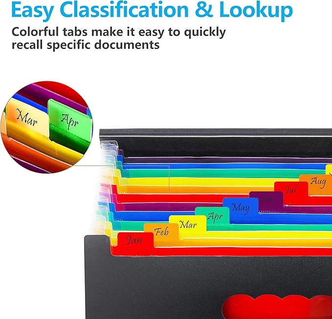 Sooez Accordion File Organizer, 12 Pockets Expanding File Folder, Portable Monthly Paper Bill Tax Receipt Organizer, Letter A4 Size Document Holder with Blank Labels, Black
