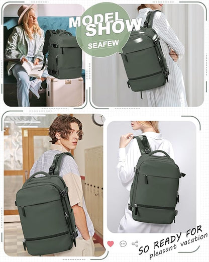 SEAFEW Carry on Travel Backpack for Men Women, Water Resistant Laptop Backpack Personal Item Luggage Daypack for Airplanes, Weekender Overnight Backpack with Shoe Compartment, Mochila de Viaje, Green