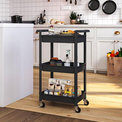 3-Tier Utility Rolling Cart with Cover Top Board, Mobile Utility Cart with Lockable Casters Multi-Functional Storage Trolley for Office, Bathroom, Kitchen, Garden, Laundry Room (Black)
