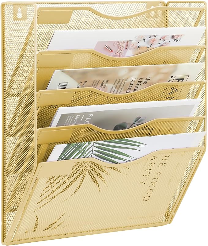 EASEPRES 5 Pocket Mesh Hanging Wall File Organizer, Wall Mounted Mail Paper Document Folder Holder, Clipboard Storage Organization Magazine Rack with Nametag Label for Office Home School, Gold