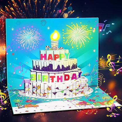 3D Pop-Up Birthday Card with LED Lights & Blowable Candle – Interactive Music Greeting Card for Women, Men, Kids Green