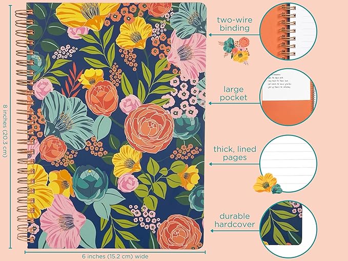 Steel Mill & Co Cute Floral Mini Spiral Notebook, 8.25" x 6.25" Journal with Durable Hardcover and 160 Lined Pages, Garden Blooms (Navy)
