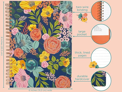 Steel Mill & Co Cute Floral Mini Spiral Notebook, 8.25" x 6.25" Journal with Durable Hardcover and 160 Lined Pages, Garden Blooms (Navy)