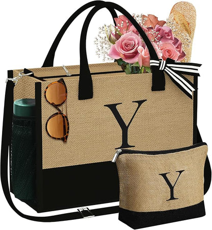 YOOLIFE Christmas Gifts for Women - Initial Jute Tote Bag & Makeup Bag, Birthday Gifts for Women Her Mom Teacher Friend