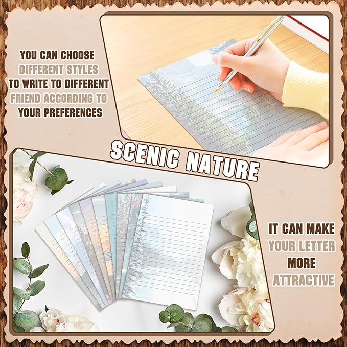 TaoBary 160 Packs Stationery Paper Set (50 Double Sided Stationery Writing Papers 50 Matching Envelopes) 60 Round Dot Sticker, 10 Design(Scenic Nature,5.5 x 8.25 Inch)