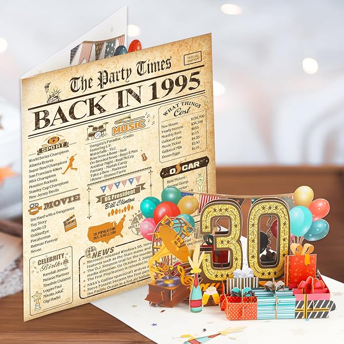 30th Birthday Card for Men Women, 3D Pop Up 30th Birthday Gifts Cards for Him Her, Back In 1995 Funny 30 Year Old Birthday Decorations, Classy Vintage