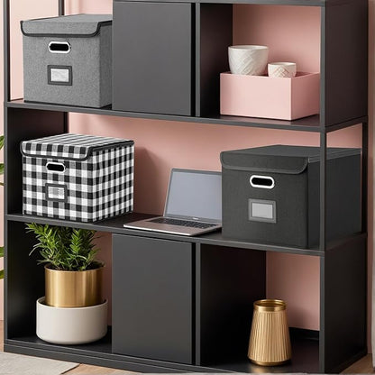 File Organizer Box with Lid, Collapsible File Folder with Plastic Slide for Office/Decor/Home, Hanging Office Document Storage, 14.9 6x 12.6 x 10.83 inch，1 pack - without folders，Black