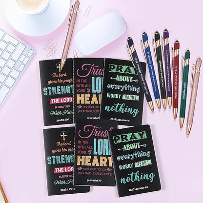 Funrous 32 Pcs Motivational Quote Pens Inspirational Notepads Mini Journal with Ballpoint Pen Small Notebooks Gift Set for Men Women Coworkers, Adult Party Favors Prizes Gift Bulk(Dark)