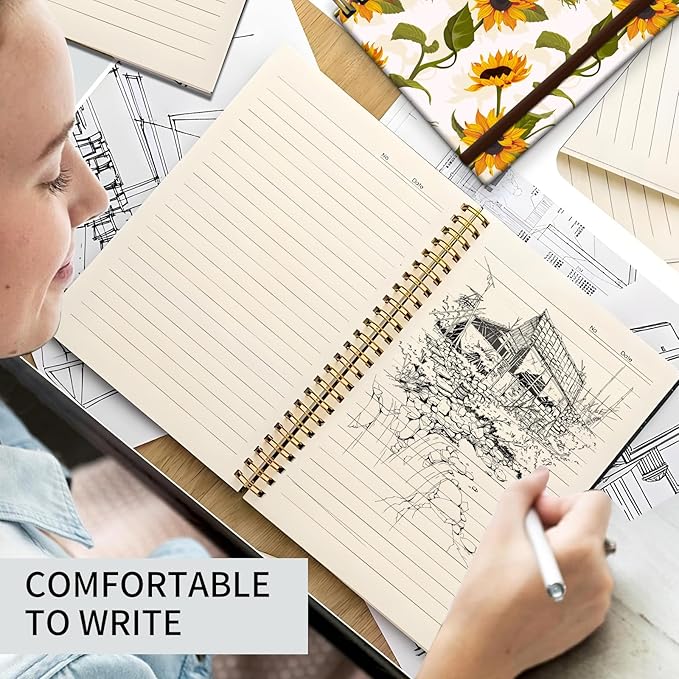Spiral Journal Notebook, A5 Cute Notebooks for Women Men, College Ruled Hardcover Notebook for Work & Note Taking, 60 Pages Double-Wire Journals for Writing White Sunflowers